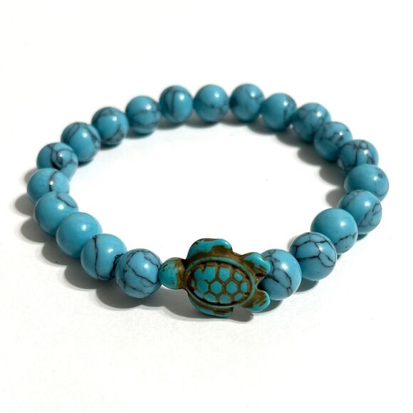 Sea Turtle Howlite Stone Beaded Stretch Bracelet Blue Simulated Turquoise Ocean - Picture 10 of 10